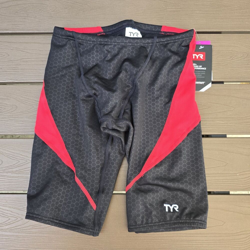 TYR Youth Boy's Durafast Elite Hexa Red/black Curve Splice Jammer Sz 26 NEW